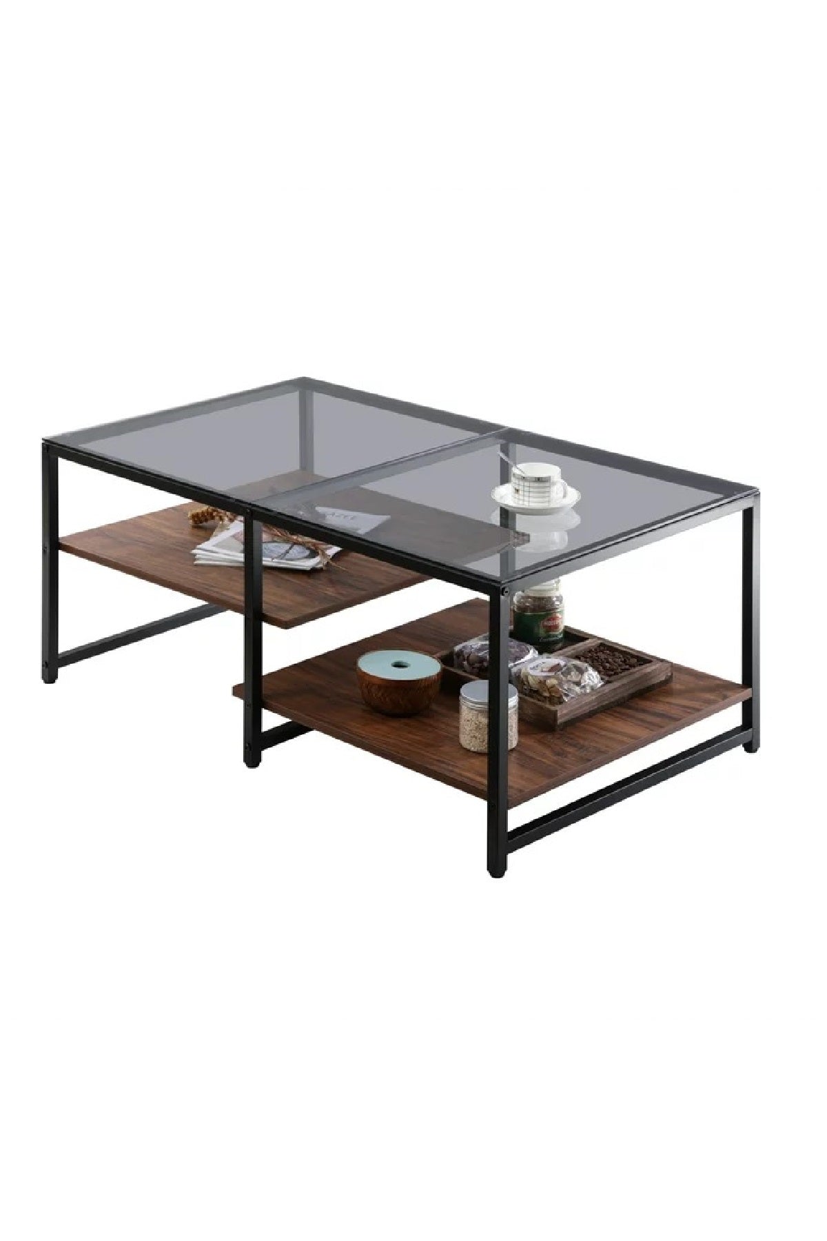 Moderne Walnoot-Zwarte 3-Laagse Metalen Frame Getemperd Glazen Rechthoekige Salontafel  Pochon